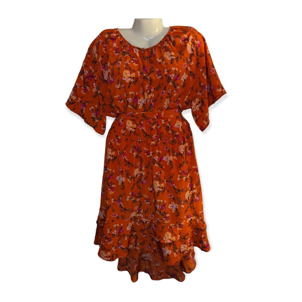 NWOT Ava & Viv Plus Size Orange Floral Print Tie Waist High Low Dress Fall 3X